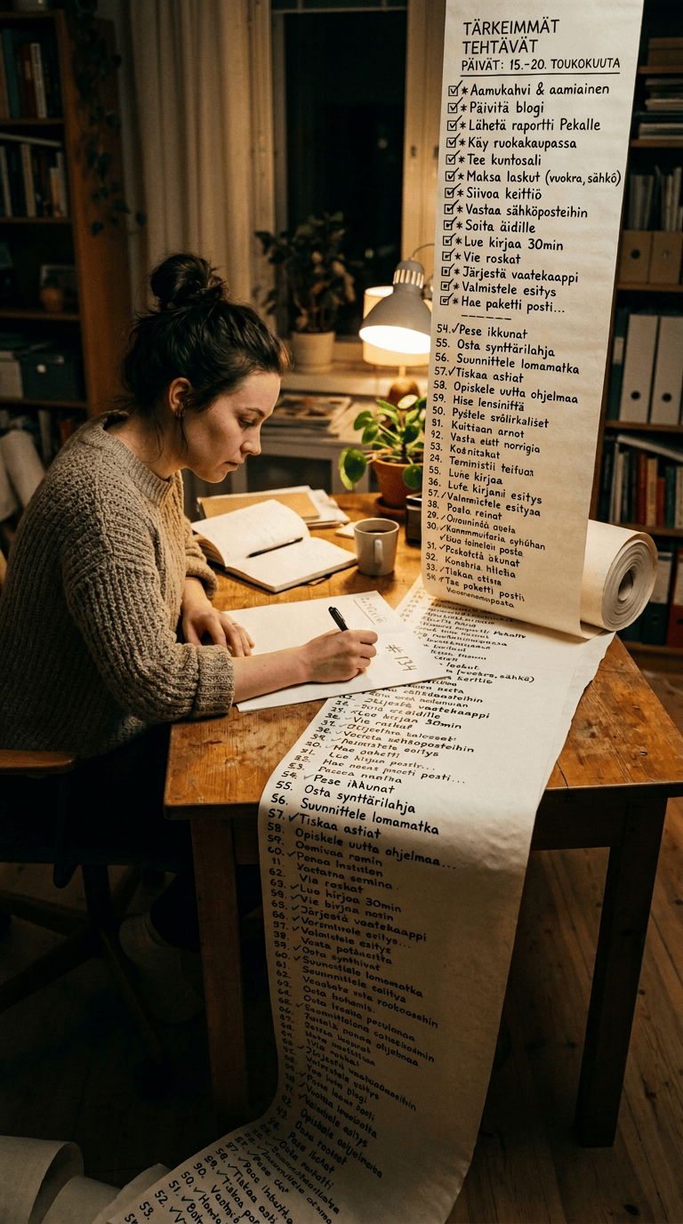 Woman writing beside a long Finnish weekly to-do list